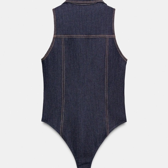 Zara Dark Indigo Denim Button Up Sleeveless Bodysuit with Pockets - Picture 2 of 11
